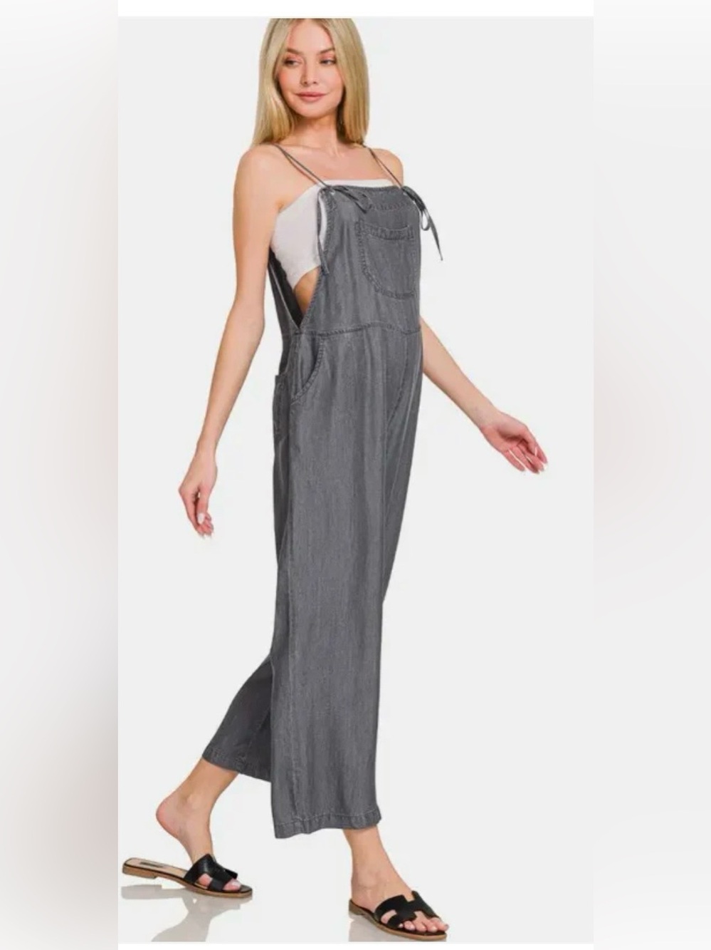 Zenana Outfitters Gray Wide-Leg Strap Tie Denim Overalls - Picture 2 of 3